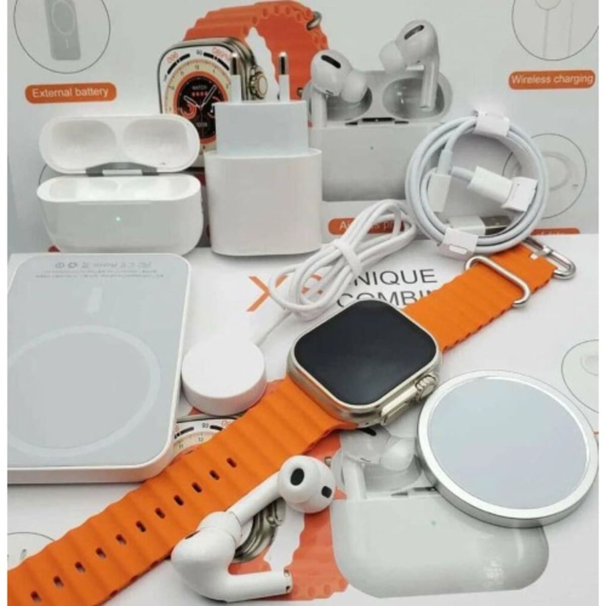 x8 unique combination 8-in-1 Mobile Phone Accessories & Smartwatch Bundle: 20W Charger, PD Cable, Airpeds Pro2, Wireless Charging, Watch Bands & More (MOQ 50)