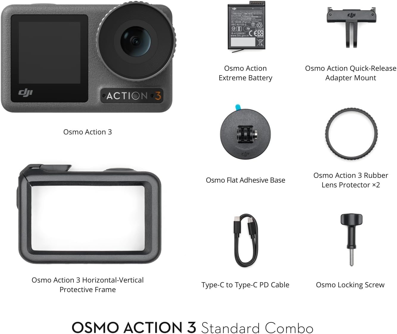 DJI Osmo Action 3 Standard Combo, Waterproof Action Camera 4K with Super-Wide FOV, 10-Bit Color Depth, Stabilization, Long-Lasting 160 Mins, Dual Touchscreens, Vlogging Camera for Outdoor, Travel