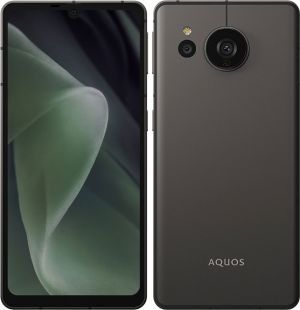 Smartphone displaying front and back views with 'AQUOS' branding.