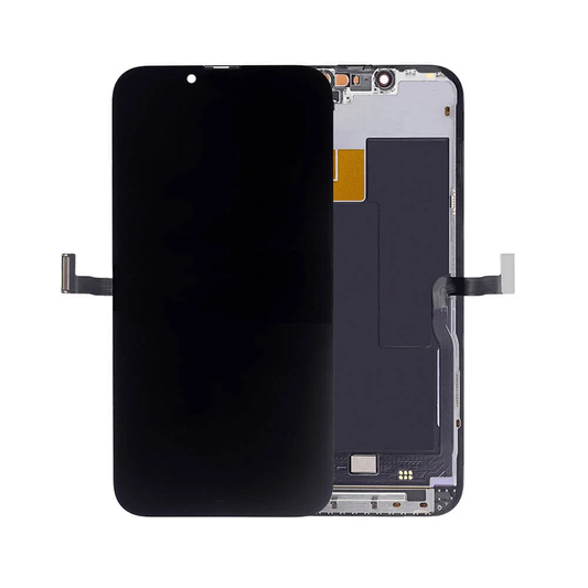 Phone screen assembly with black display and silver frame on a white background