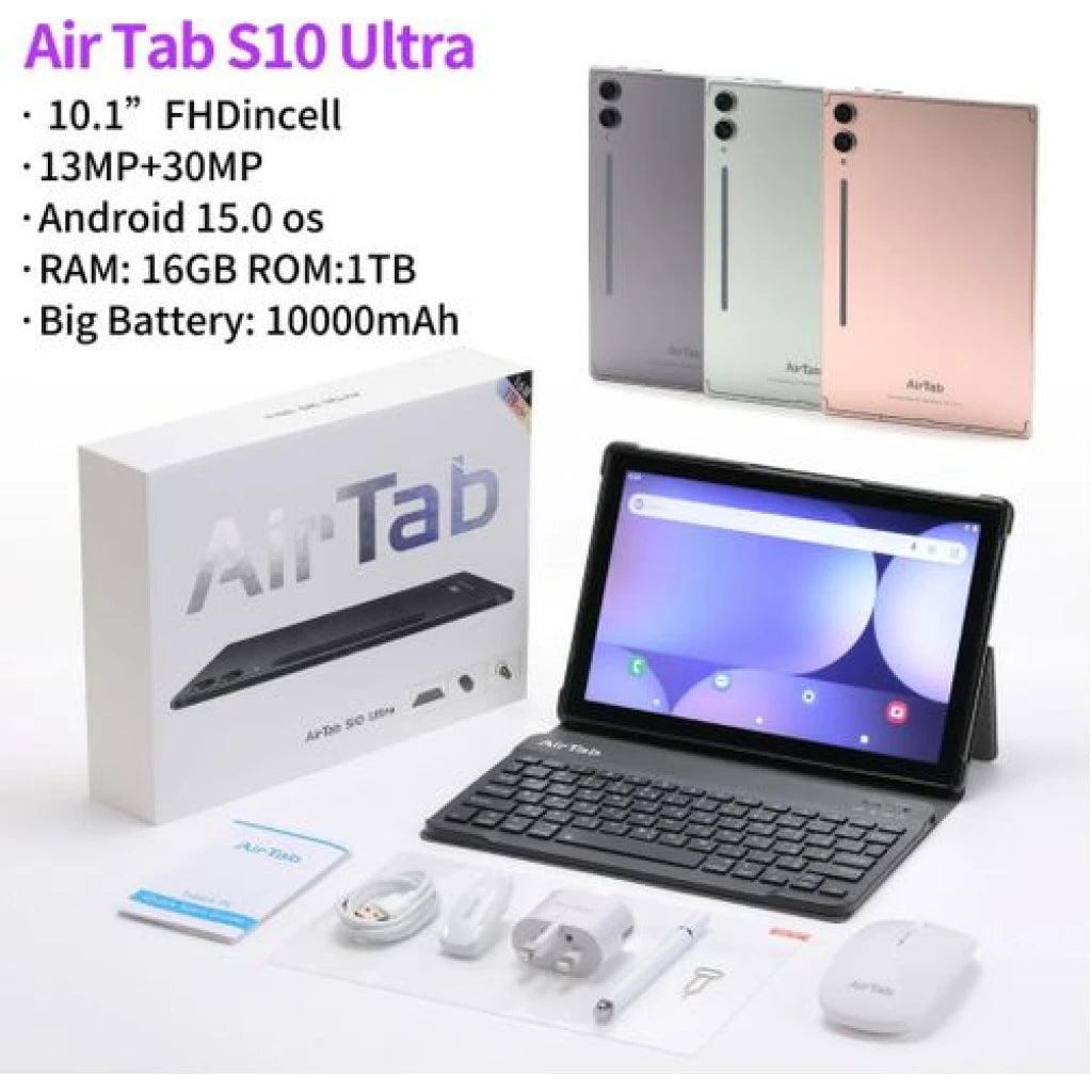 Airtab S 10 Ultra Tablet PC – 10.1 Inch FHDincell 13MP+30MP Android 15.0 OS 16GB RAM 1TB ROM Big Batery Of 10000mAh 5G Wi-Fi Android Tablet With Wireless Keyboard