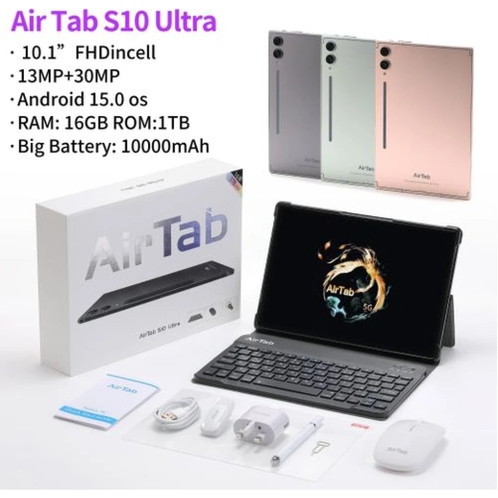 Airtab S 10 Ultra Tablet PC – 10.1 Inch FHDincell 13MP+30MP Android 15.0 OS 16GB RAM 1TB ROM Big Batery Of 10000mAh 5G Wi-Fi Android Tablet With Wireless Keyboard