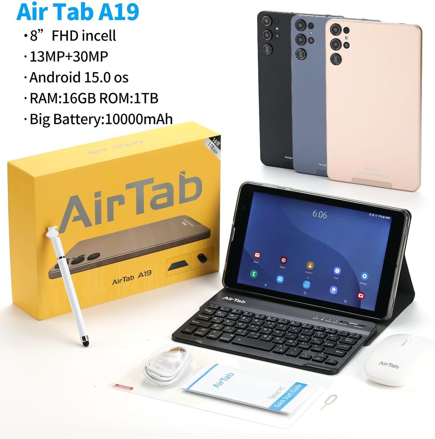 Air Tab A19 Tablet, 8-inch FHD Display, 2GB RAM 32GB ROM, 10000mAh Battery, Android 15.0, 13MP+30MP Camera