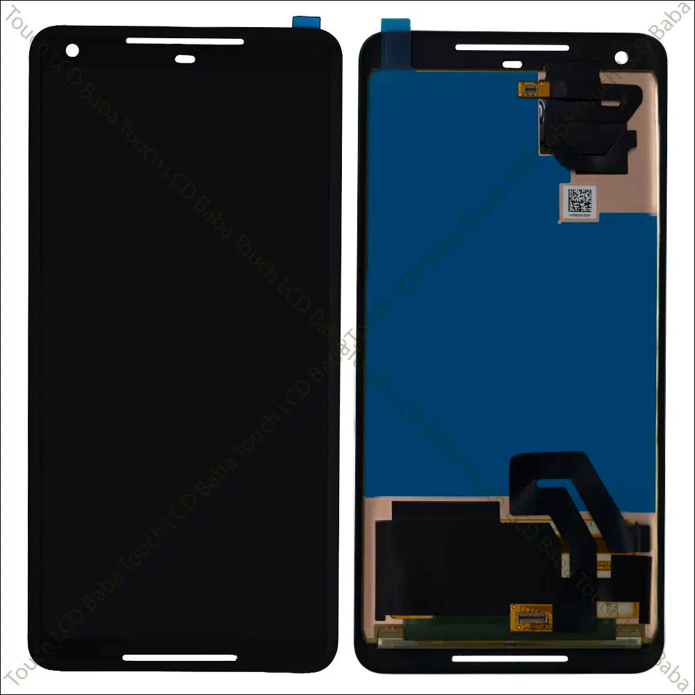 Phone screen assembly with black front panel and blue back panel on a white background pixel 2 xl
