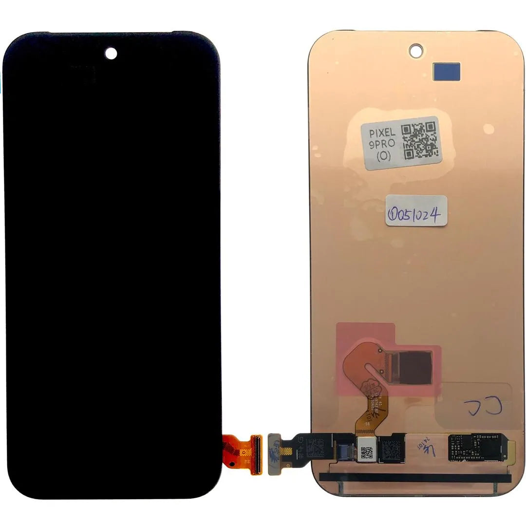 Phone screen assembly with black front panel and gold back panel on a white background Google pixel 9 pro screen replacement