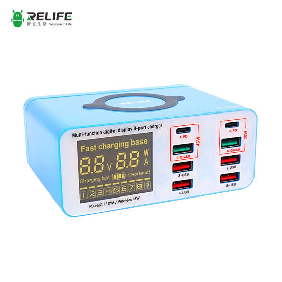 RELIFE RL-304S Multifunctional 8-Port Wireless Charger with Digital Display